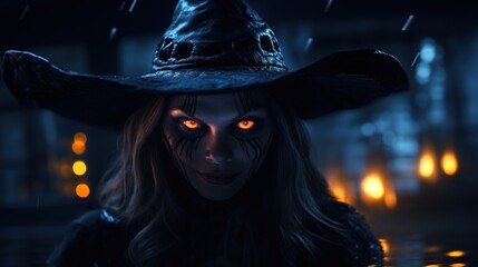 A Halloween witch with a carved pumpkin and magic lights in a dark pool Generative AI