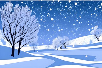 Beautiful Whimsical Landscape in winter with snow. Magical evenings in winter under snowfall. Digital illustration. Kids Cartoon Backgrounds. Children Story Book 2d illustration. Generative AI