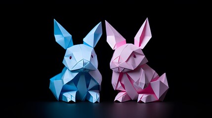 Two origami rabbits on black background