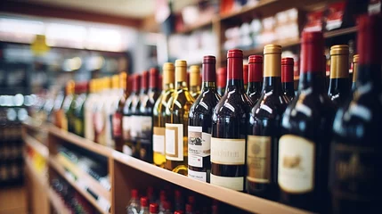 Schilderijen op glas Red and white wine in bottles in wine shop. Generative AI © Irina