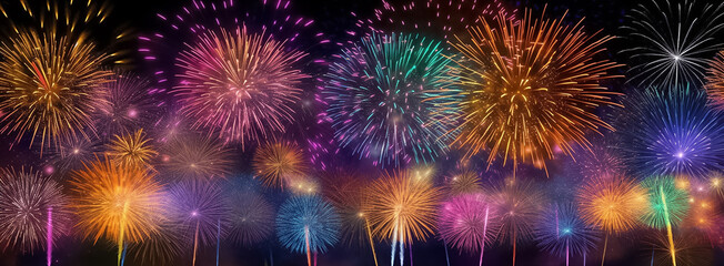Fototapeta premium A panoramic digital painting portrays a night sky illuminated by a stunning display of graphic fireworks, capturing the essence of a captivating festival. Generative AI.