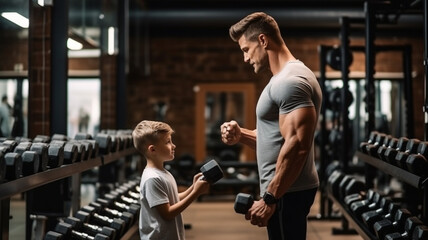 Fototapeta na wymiar Father with his son in the same clothes in the gym. Generative AI