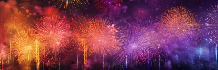 Fototapeta premium A panoramic digital painting portrays a night sky illuminated by a stunning display of graphic fireworks, capturing the essence of a captivating festival. Generative AI.