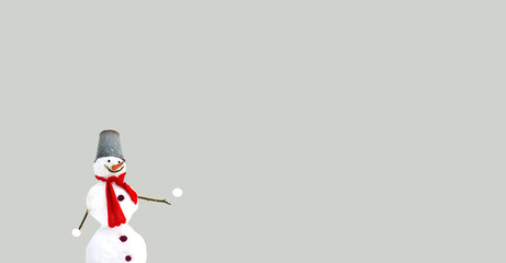 Winter, Christmas-themed composition with a snowman and snowballs. Light background. Copy space. The expression of a smile and playfulness. Minimalism