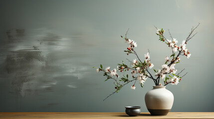 A photo of a  japanes flower with minimalistic background with copy space