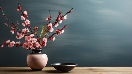 A photo of a  japanes flower with minimalistic background with copy space