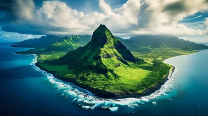 Fototapeten Aerial View of Chinamans Hat Island in Oahu, Hawaii with Mountainous Greenery and Cloudy Sky over Ocean: Generative AI © AIGen