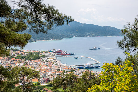 Panoramic view of Limenas capital city and port of Thasos or Thassos Greek island in the North Aegean Sea