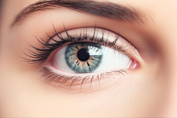 Long False Eyelashes on Female Eye. Beauty and Care Concept with Adult Woman's Eye and Dramatic Cilia Extension on Gradient Background. Generative AI