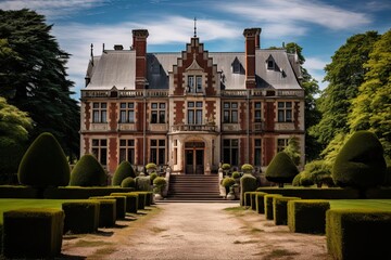 Fototapeta na wymiar Luxury Manor in Normandy: Stunning French Castle Estate with Stone and Brick Architecture, Park Views, and Lush Green Grass: Generative AI