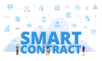 smart contract concept with big words and people surrounded by related icon with blue color style