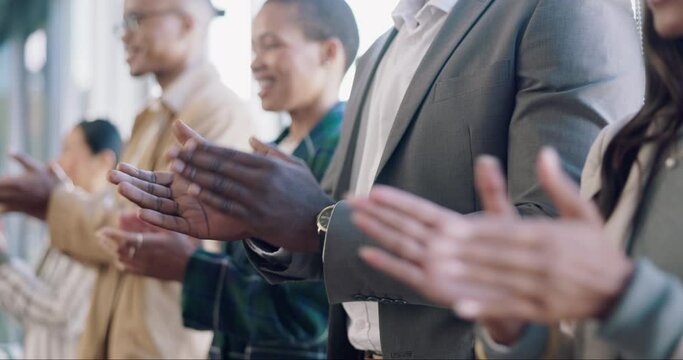 Business people, success and applause in office for .congratulations, well done or thank you. Clapping hands, happy and team celebration, support or praise for startup, integration or negotiation