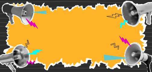 Popart collage with megaphones. Loudspeacker announcing crazy promotions. Retro collage composition with torn paper, doodle elements. Discounts vector grunge banner design with space for text