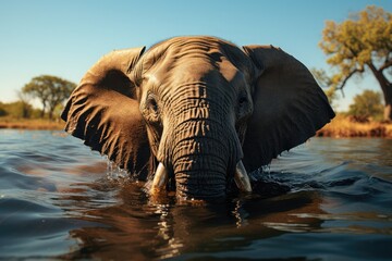 Elephant graze and bathe, cooling off on the lake