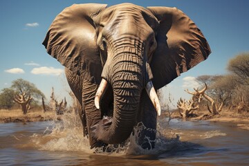 Fototapeta premium Elephant graze and bathe, cooling off on the lake