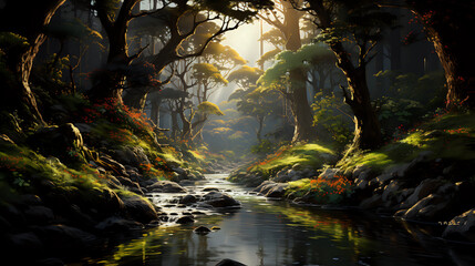 Serene thick forest with a calm river and sunlight filtering through the trees | Generative AI