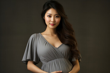 Pregnant Asian woman on a plain background in the studio. Beautiful oriental woman in anticipation of the birth of a child.