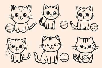 doodle sketch collection set of illustrations kittens playing ball - obrazy, fototapety, plakaty
