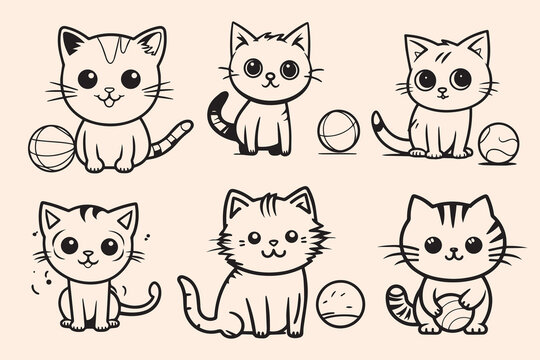 doodle sketch collection set of illustrations kittens playing ball