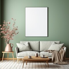Mockup for a mint interior, an empty painting on the wall above an armchair in a minimalist setting. Cozy room design with furniture