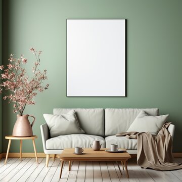 Mockup for a mint interior, an empty painting on the wall above an armchair in a minimalist setting. Cozy room design with furniture © NS