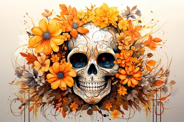 Foto op Plexiglas Aquarel doodshoofd Embrace the fall vibes with a watercolor creation featuring a Day of the Dead skull.
