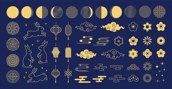 Mid Autumn Festival. Chinese traditional ornaments. Set of gold decorative elements, rabbits, moon, flowers, mooncakes, fireworks, lanterns, clouds. Concept for holiday decor, card, poster, banner. 