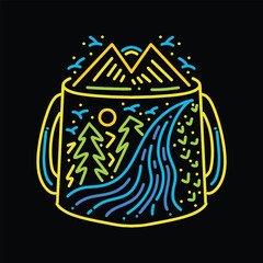 Premium Monoline Colorful Mountain Vector Graphic Design illustration Vintage style Emblem Symbol and Icon