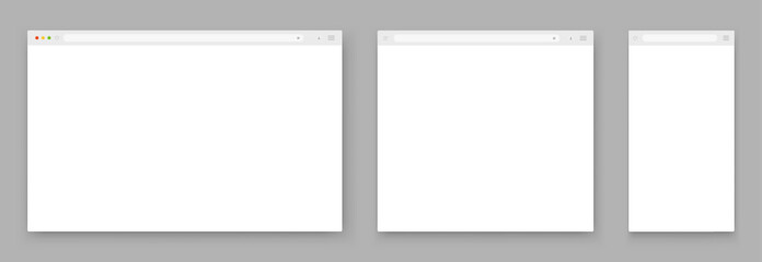 A set of white browser windows of different shapes on a dark background. Website layout with search bar, toolbar and buttons. Vector illustration.