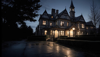 old mansion in autumn season at night - generative AI