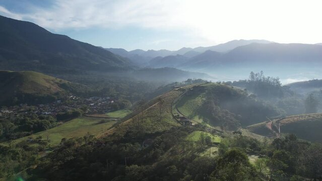 Drone view of Serra da Mantiqueira, in Sao Francisco Xavier, at dawn in the winter of 2023