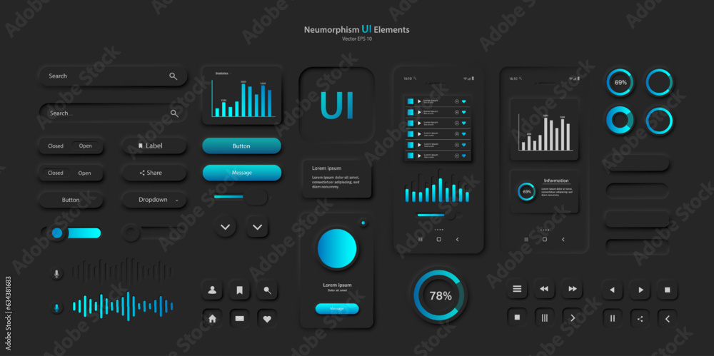 Wall mural a set of user interface elements for a mobile application in black and blue. user interface icons fo