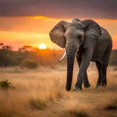 Fototapeta na wymiar African Safari Elegance: Majestic Elephant Amidst Vibrant Sunset Backdrop