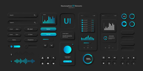 A set of user interface elements for a mobile application in black and blue. User interface icons for the internet, social networks, and business. Neomorphic UI UX design collection. Vector