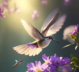 Hummingbird feeding on flower, Winged Splendor: A Glowing Hummingbird Enchants as it Hovers by a Blossom.