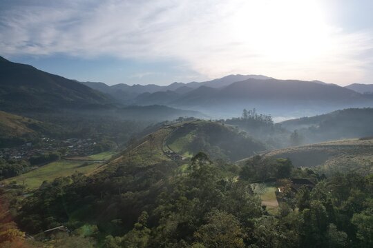 Drone view of the mountainous landscape of Mantiqueira, in Sao Francisco Xavier, at dawn in the winter of 2023