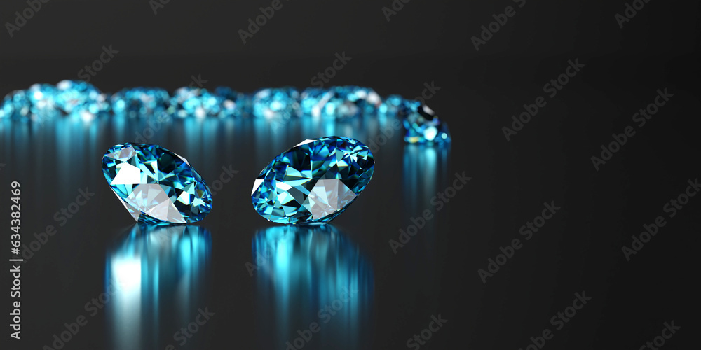 Aufkleber group of blue round diamonds gem placed on reflection background 3d rendering