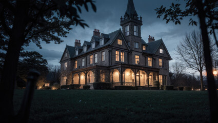 old mansion in autumn season at night - generative AI