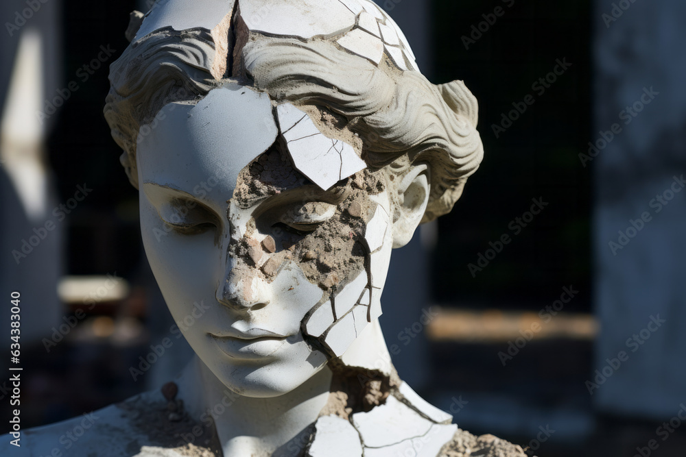 Wall mural fragmented beauty: cracked statue of a young woman's head