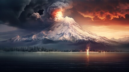 icy lake and volcano erupting