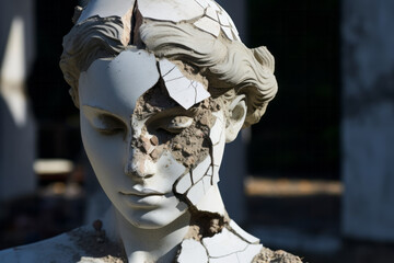 Fragmented Beauty: Cracked Statue of a Young Woman's Head