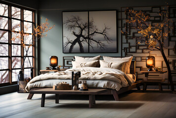 a grey bedroom with dark colors and black accents