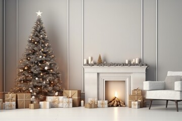 Fototapeta na wymiar White living room and new year concept with tree and ornament style. fireplace on the wall and decorative new year living room.
