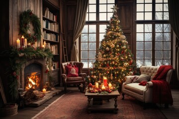 Luxury Christmas living room decorated with garlands with a Christmas tree in the corner. A house full of gifts from Santa Claus on the eve of the new year and the traditional holiday of X-mas
