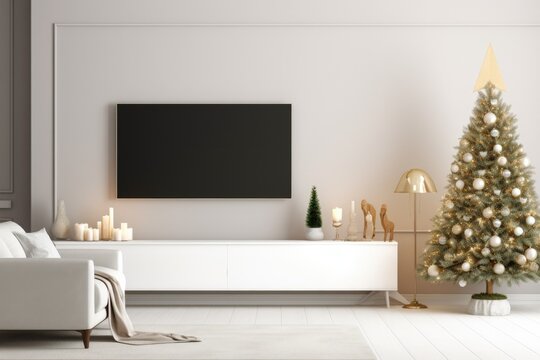 Mock up smart tv. Christmas lights interior living room. 3d render