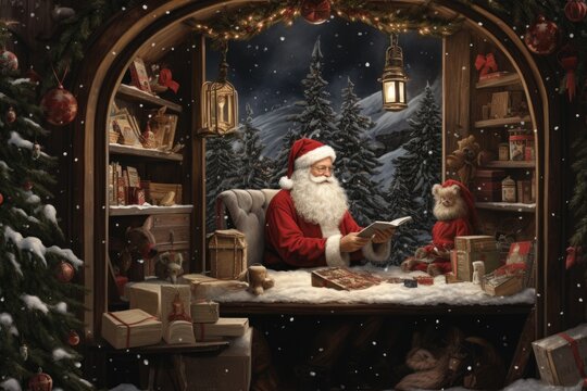 Santa in his workshop reading wishing list , making new toys for Christmas Presents for children around the world