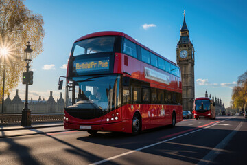 Fototapeta na wymiar Capturing London's Heartbeat: Big Ben and Passing Red Bus