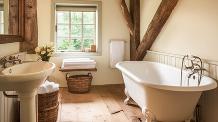 Farmhouse bathroom decor, interior design and home decor, bathtub and bathroom furniture, English country house and cottage style
