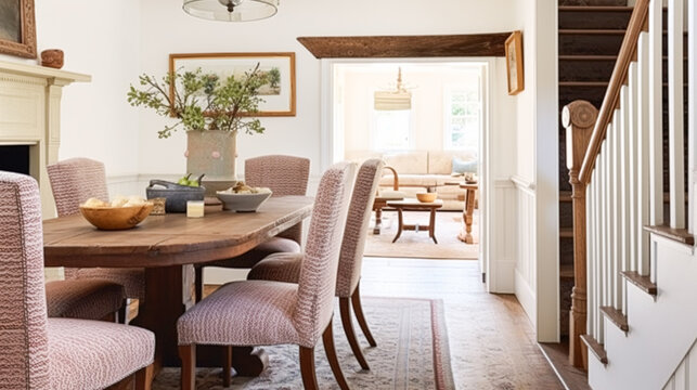 Farmhouse dining room decor, interior design and home decor, elegant table with chairs, furniture, country cottage style