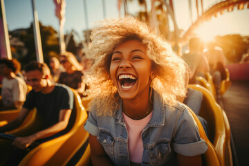 Obraz na płótnie Canvas Adventurous Bonds: Adolescents Share Laughs on Theme Park Rides